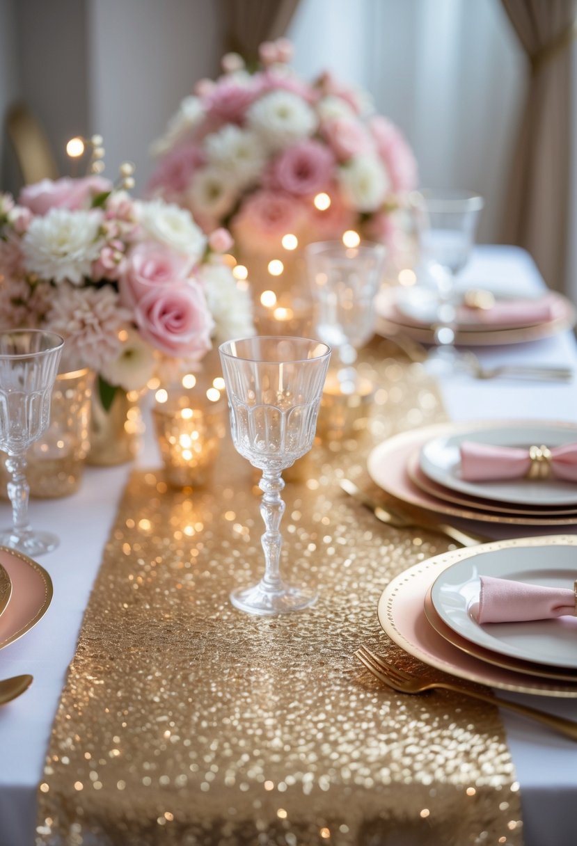 A decorated party table with sparkling gold table runners, floral arrangements, and elegant tableware.