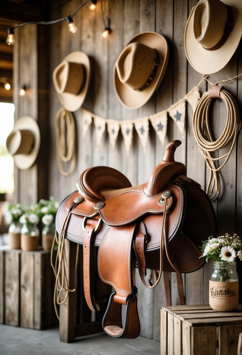 A vintage leather saddle displayed on a wooden wall surrounded by western-themed party decorations including cowboy hats, ropes, and wildflowers.