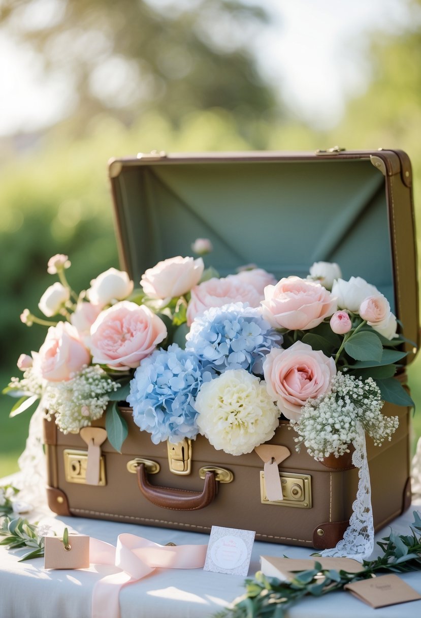 An open vintage suitcase filled with pastel flowers arranged on a table outdoors, surrounded by floral decorations.