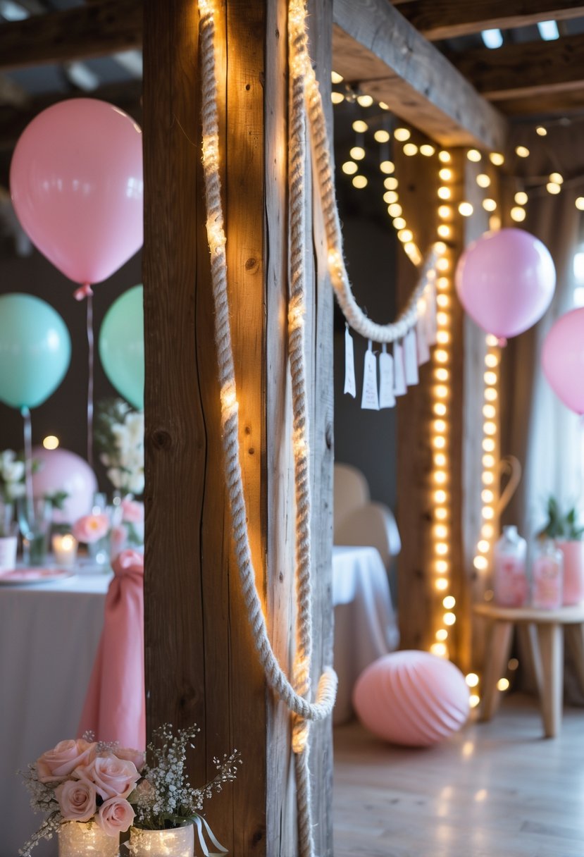 A cozy indoor party scene with a glowing rope string light garland hung above rustic wooden beams, surrounded by balloons and floral decorations.