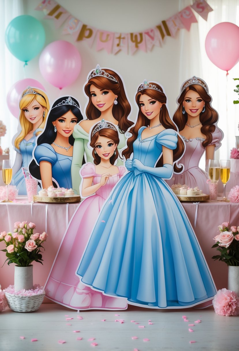 A festive bachelorette party setup with princess-themed character cutouts, balloons, flowers, and party decorations arranged indoors.