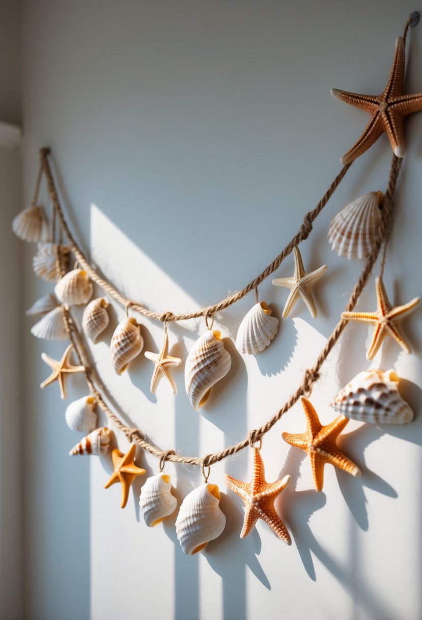 Seashell and starfish garland hanging on a wall with natural lighting.