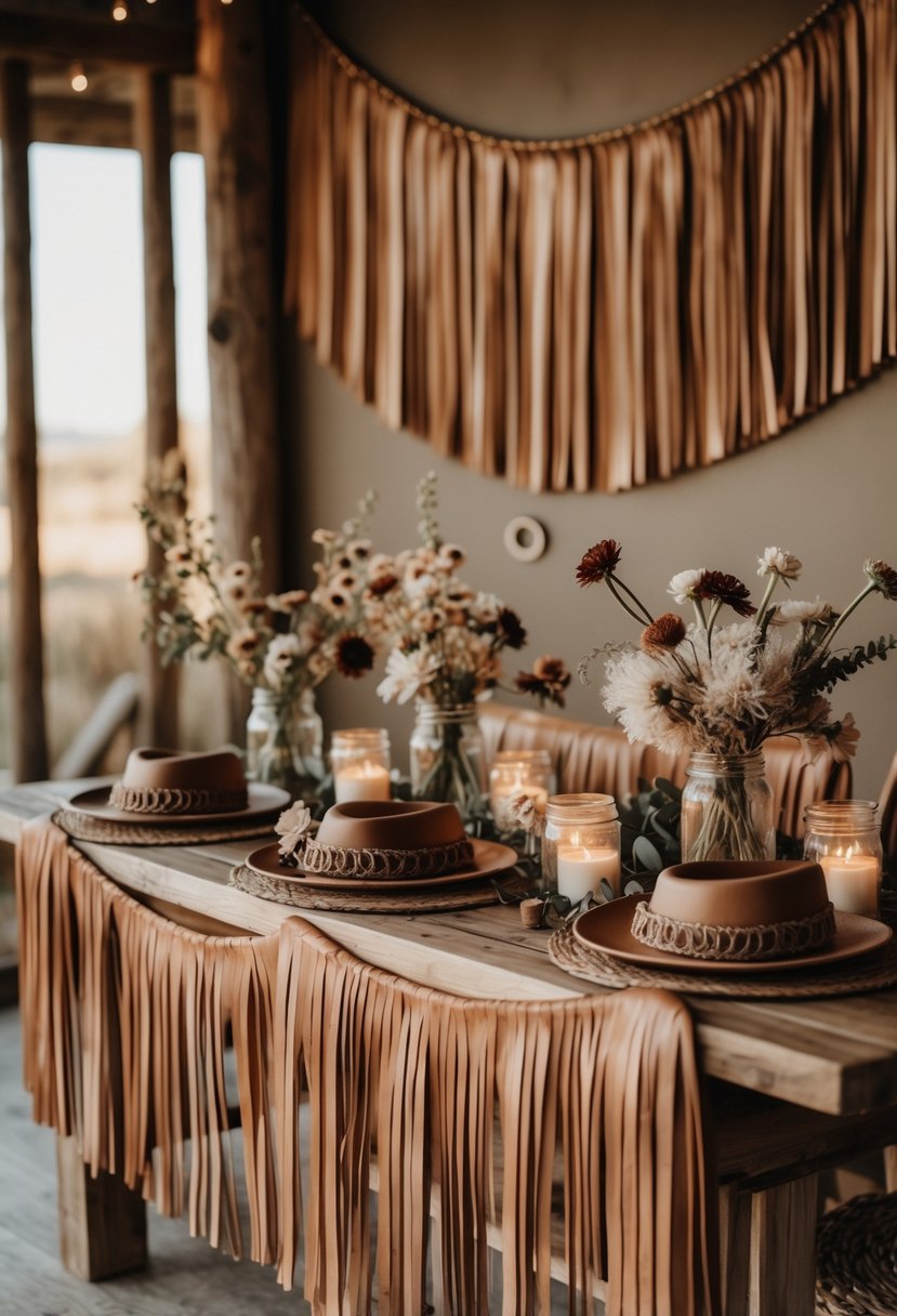 A decorated indoor table with leather fringe garlands, candles, wildflowers, and rodeo-themed accents creating a festive party atmosphere.
