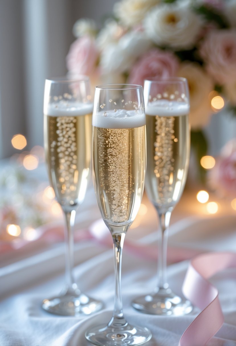 Close-up of elegant champagne flutes with gem accents filled with sparkling champagne on a white table with soft party decorations in the background.