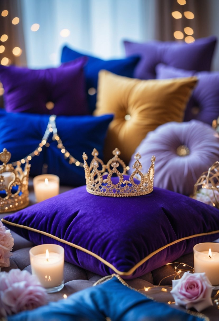 A cozy seating area with velvet cushions in royal colors surrounded by princess-themed bachelorette party decorations like fairy lights, flowers, and candles.
