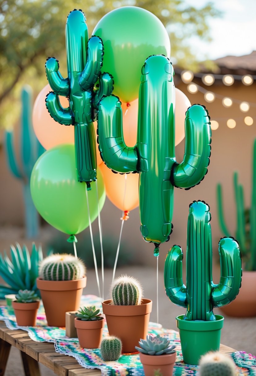 A group of green cactus-shaped balloons surrounded by southwestern party decorations on a wooden table outdoors.