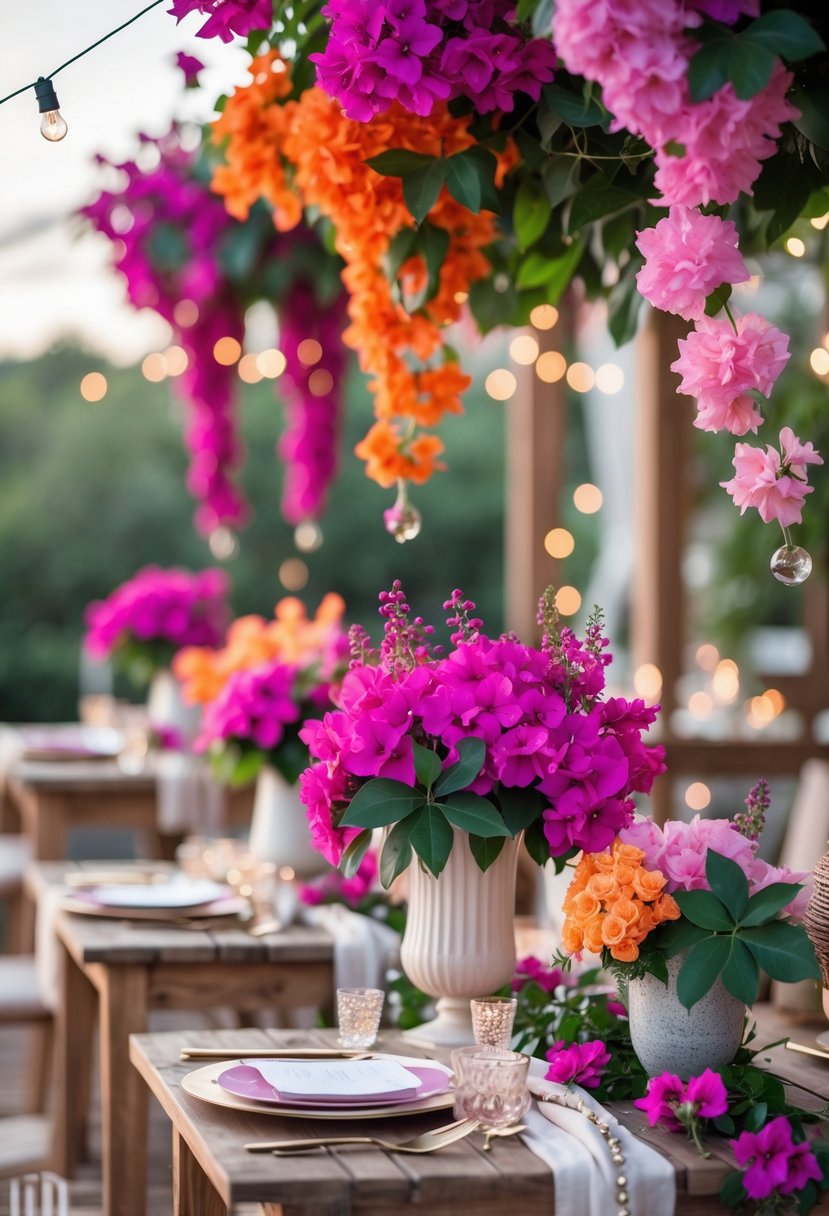 Colorful bougainvillea flowers arranged in vases and garlands as part of a festive outdoor party setup.
