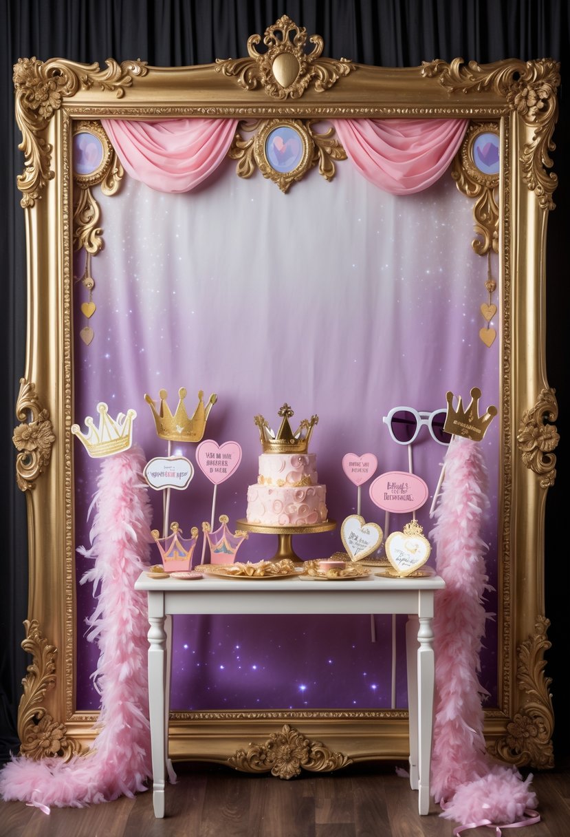 A gold-framed photo booth with princess-themed props arranged in front of a pastel backdrop.