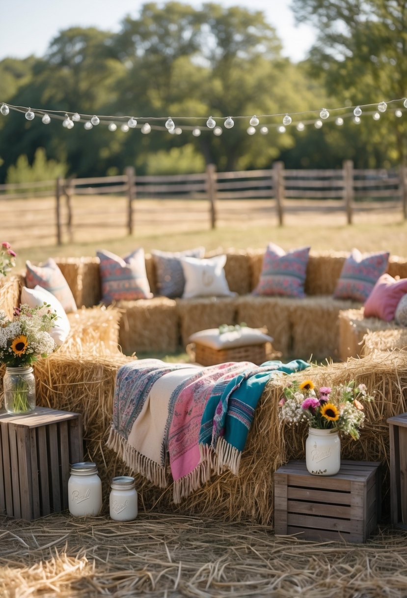 Outdoor hay bale seating arranged with blankets and pillows in a sunny field decorated with lanterns and wildflowers.