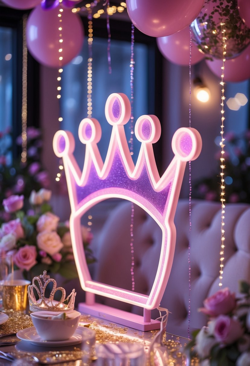A decorated indoor bachelorette party scene with a glowing neon crown sign, pastel balloons, fairy lights, and themed party favors on a table.