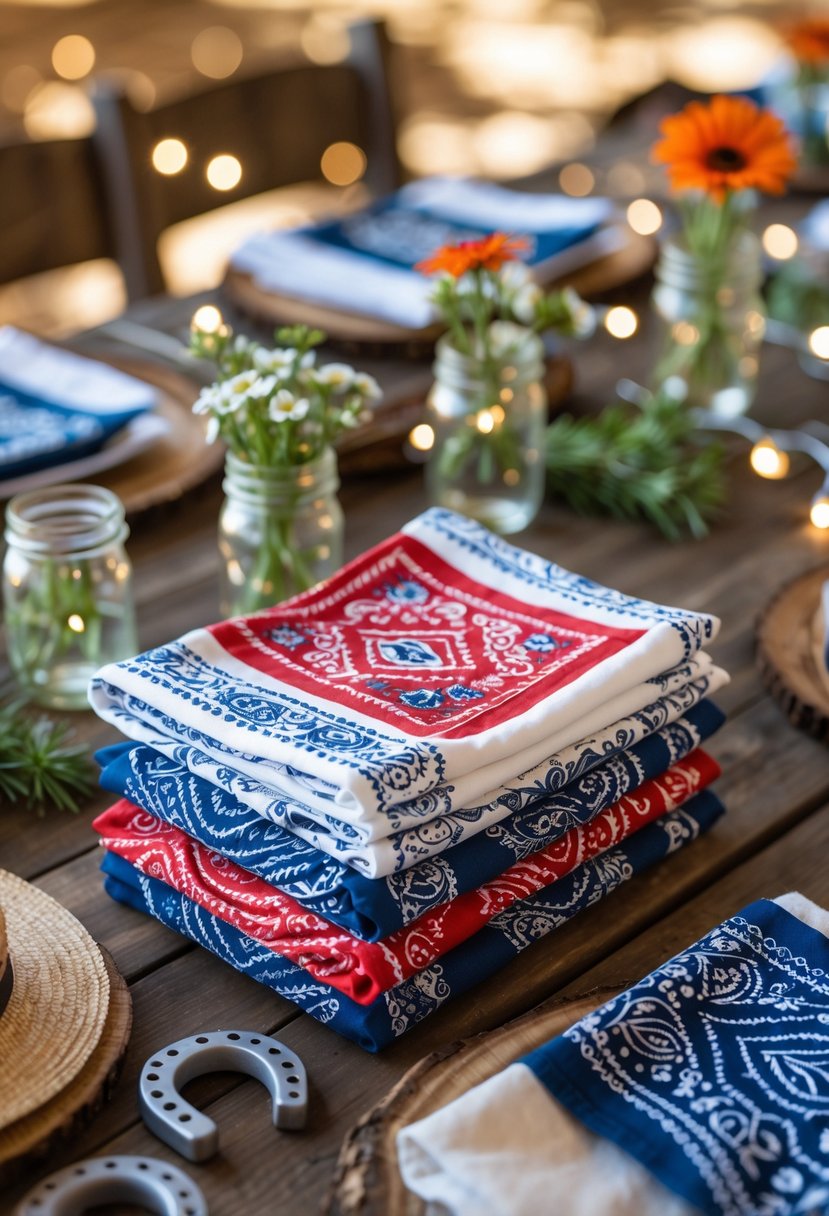 A table set with bandana-patterned napkins, wildflowers in jars, cowboy hats, and horseshoe decorations for a bachelorette party.