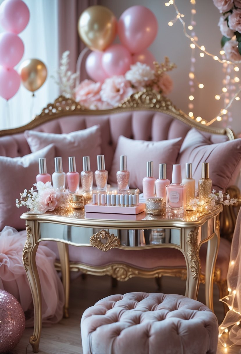 A manicure station with nail polish bottles, manicure tools, floral decorations, and festive balloons arranged for a bachelorette party.