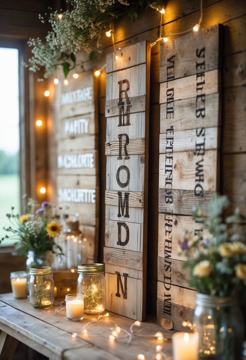 A cozy rustic scene featuring several wooden signs arranged with flowers, fairy lights, and candles on a wooden surface.