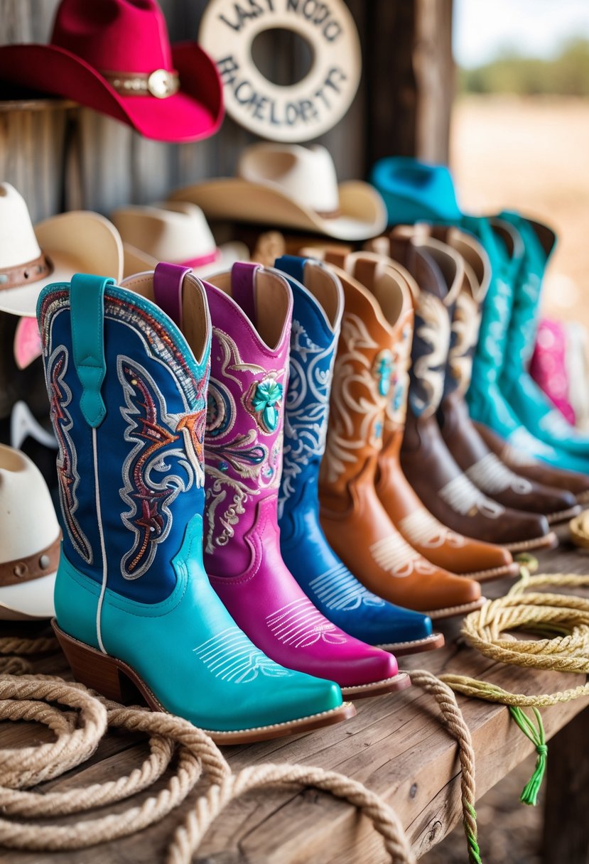 A collection of colorful customized Western boot photo booth props and cowboy-themed accessories arranged on a rustic wooden table.