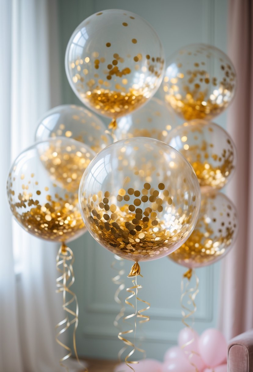 Clear balloons filled with gold confetti floating together in a festive setting.