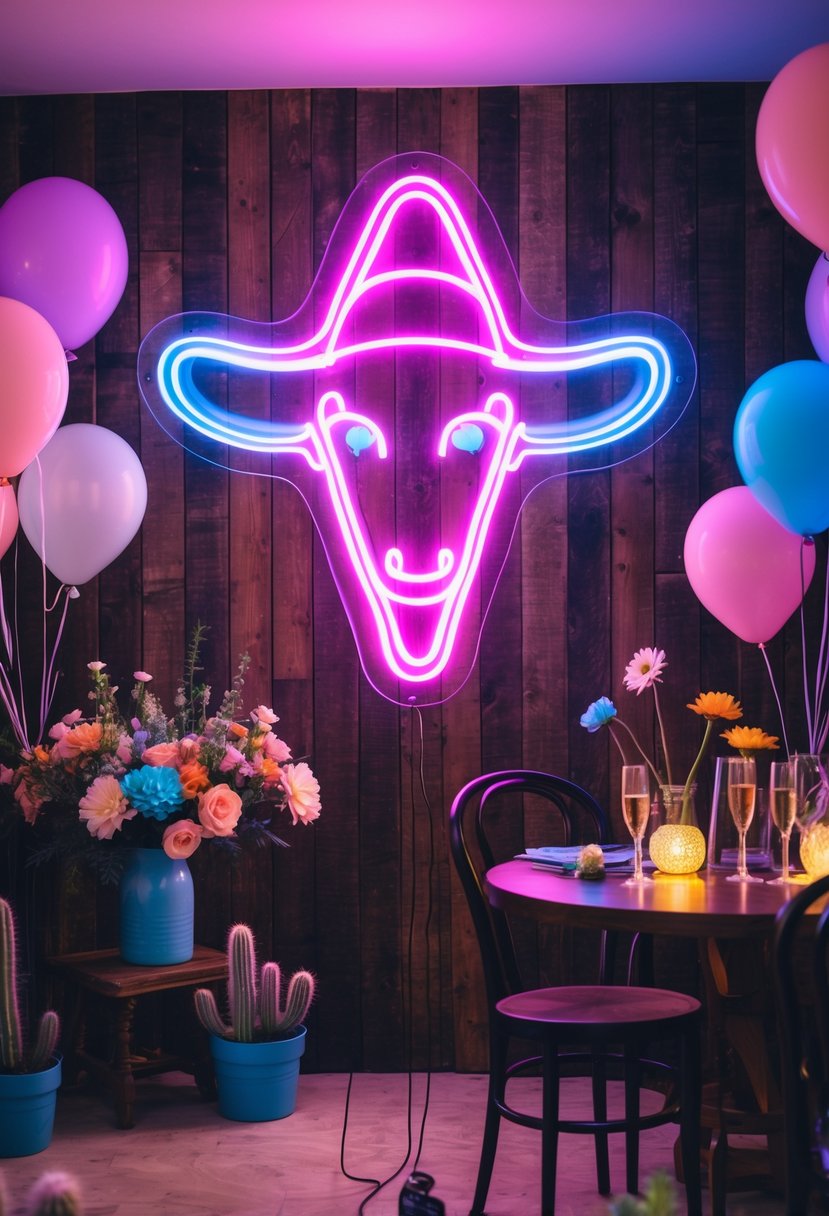 Indoor party scene with a glowing neon rodeo sign, balloons, cowboy hats, flowers, and a decorated table for a bachelorette celebration.