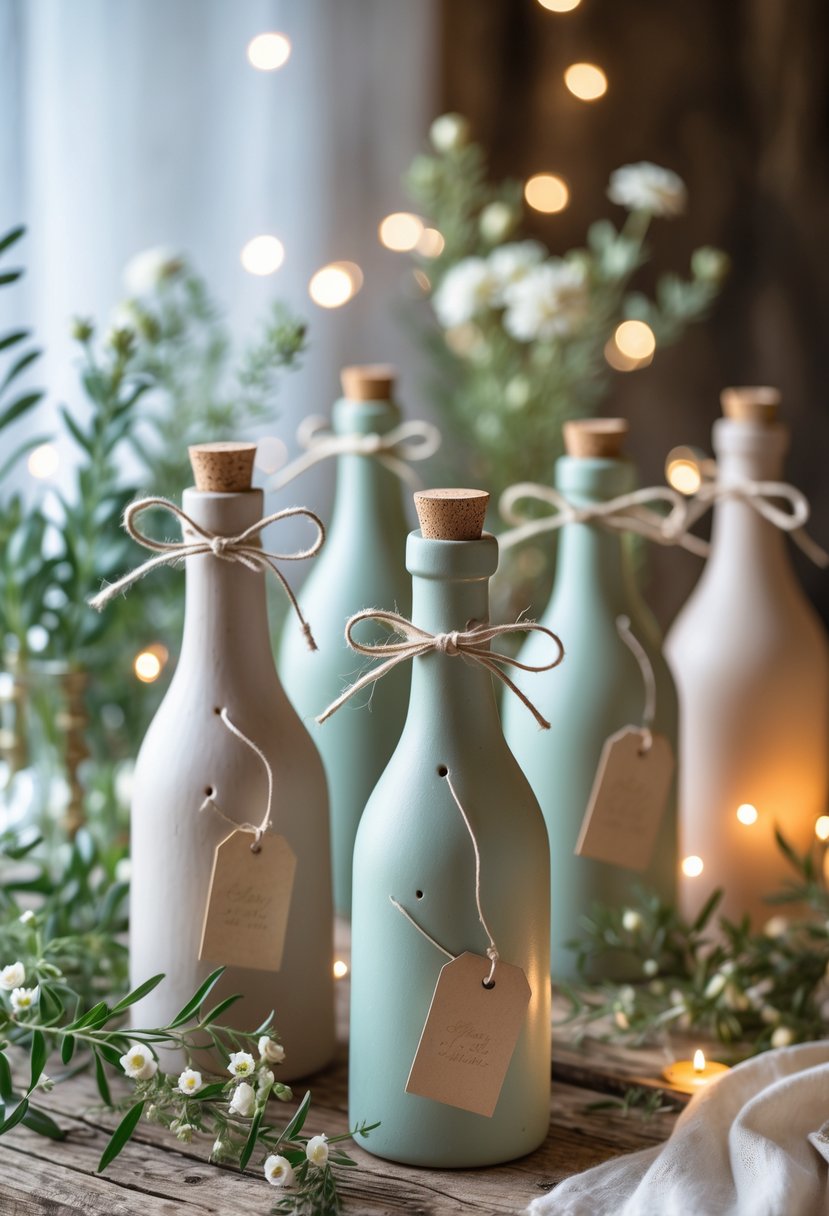 Ceramic olive oil bottles decorated as party favors arranged on a wooden table with greenery and small white flowers.