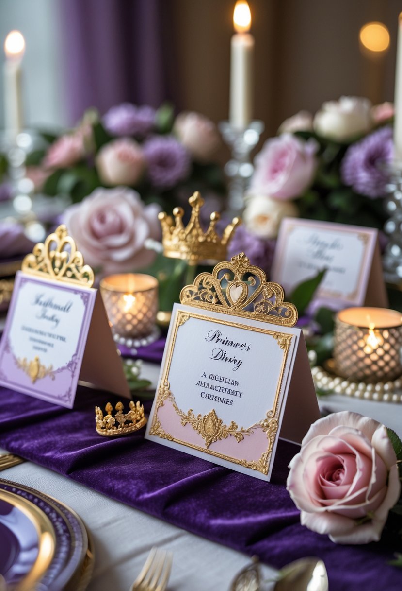 A table set with elegant place cards featuring gold accents, surrounded by small tiaras, pearls, candles, and fresh flowers for a princess-themed bachelorette party.