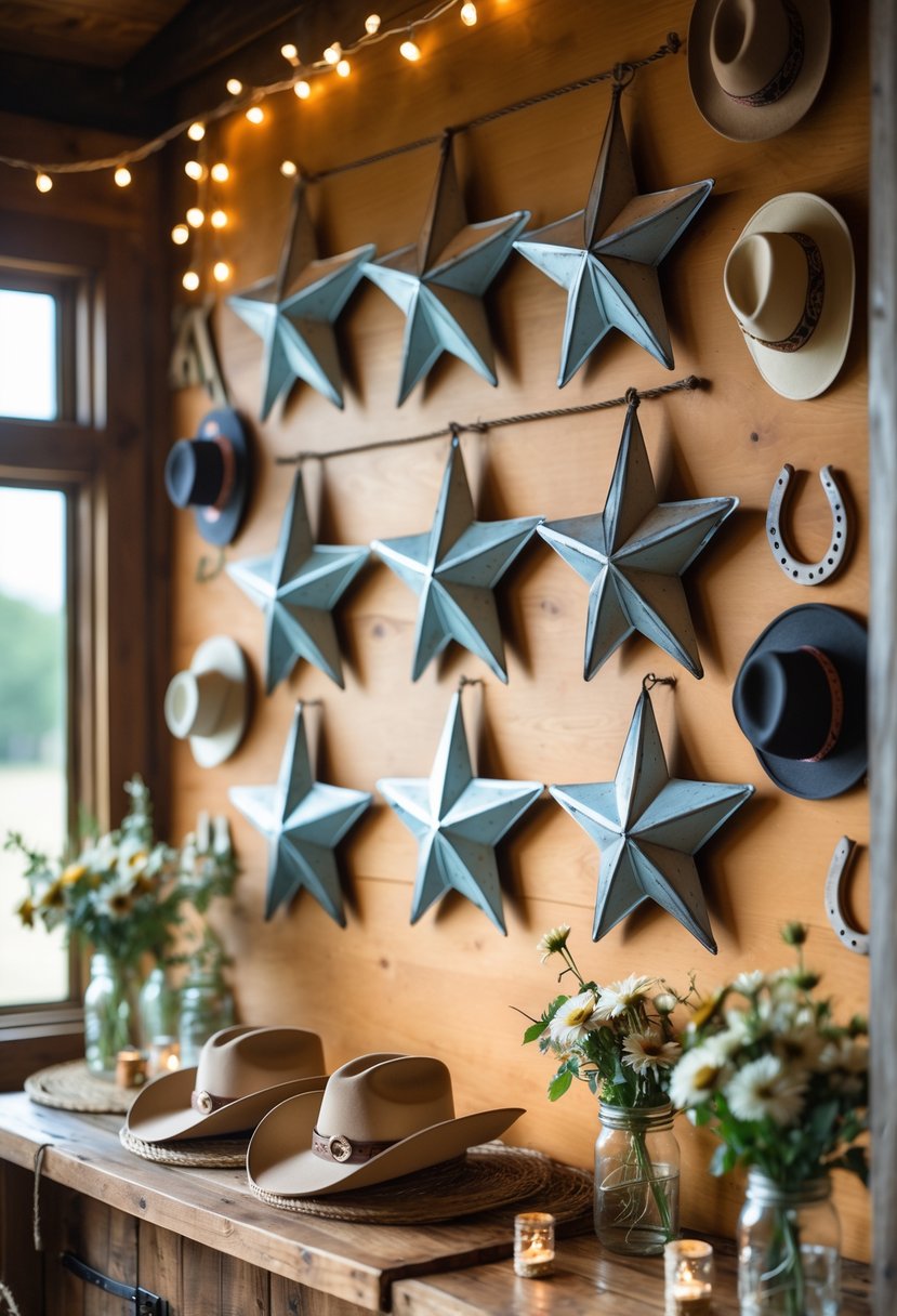 Rustic tin star wall hangings on a wooden wall surrounded by western-themed bachelorette party decorations including cowboy hats, string lights, and wildflowers.
