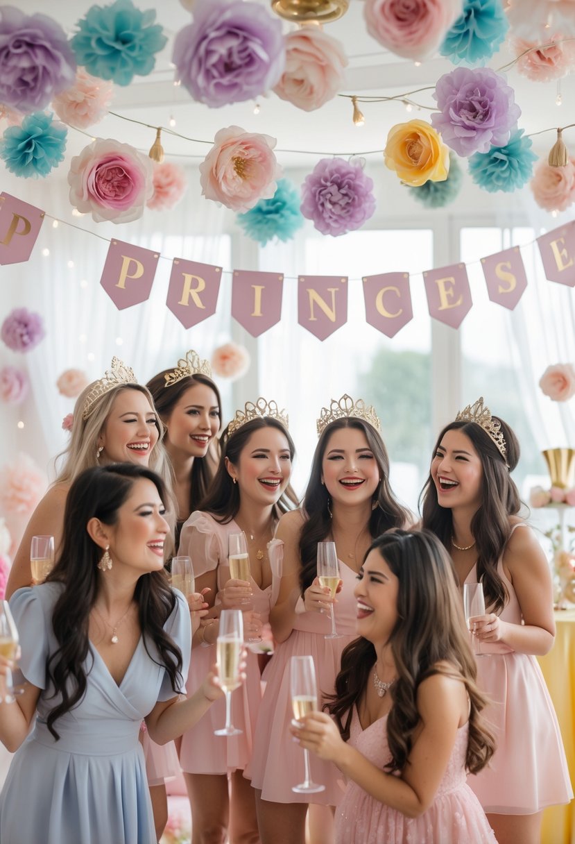 A group of women celebrating at a decorated bachelorette party with pastel banners, flowers, fairy lights, and party props like tiaras and champagne glasses.