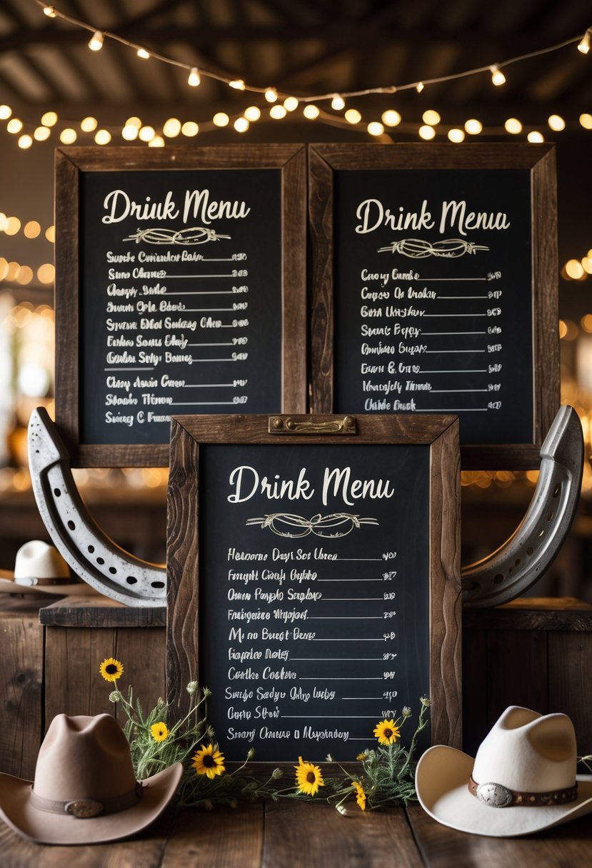 Chalkboard drink menus framed by horseshoes displayed on a wooden surface with cowboy-themed decorations and soft lighting.