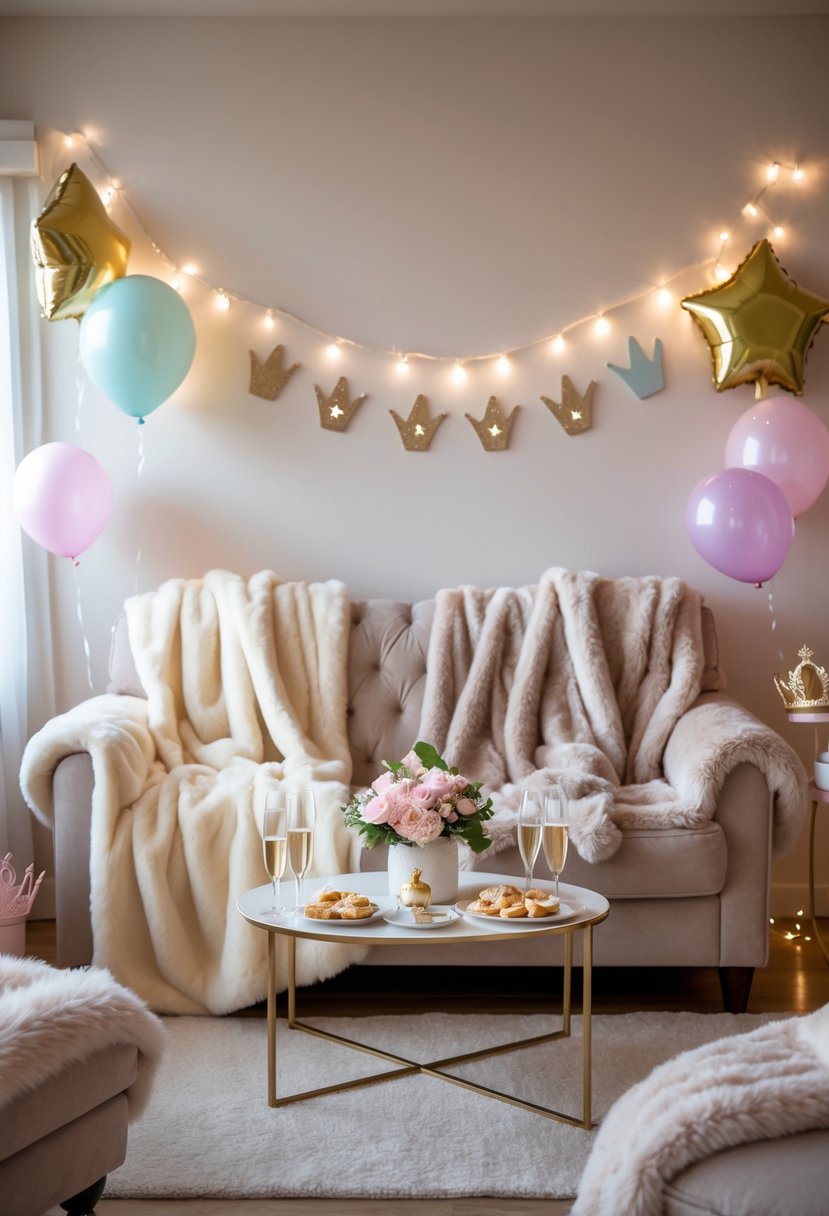 A cozy living room with faux fur throw blankets on sofas, soft pastel balloons, fairy lights, and princess-themed party decorations arranged for a bachelorette celebration.
