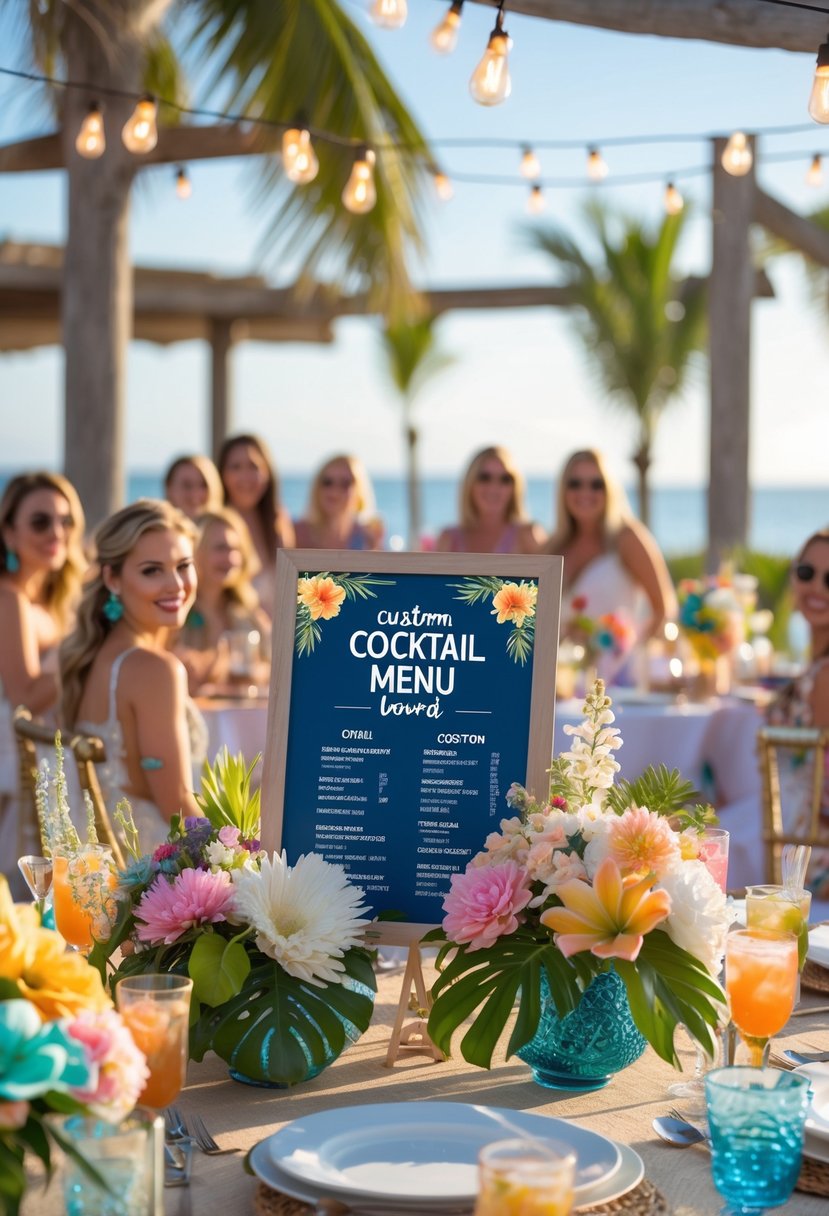 A festive bachelorette party scene with decorated tables, floral arrangements, colorful drinks, and guests celebrating outdoors.