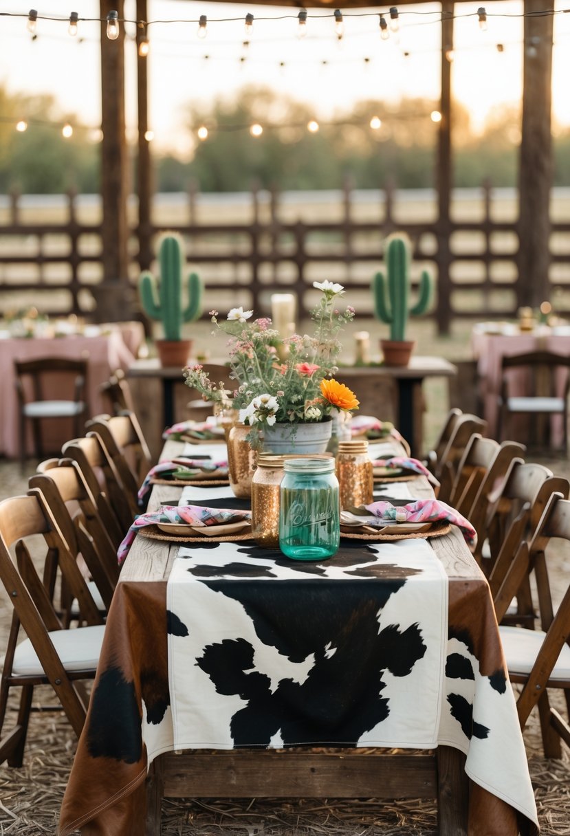 A rustic outdoor table decorated for a bachelorette party with cowhide print tablecloth, wildflower centerpieces, cowboy hats, and string lights.