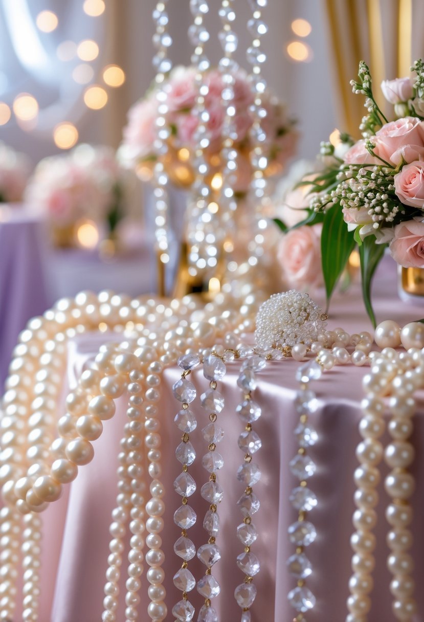 Pearl and crystal garland decorations elegantly arranged with pastel fabrics and flowers for a bachelorette party.