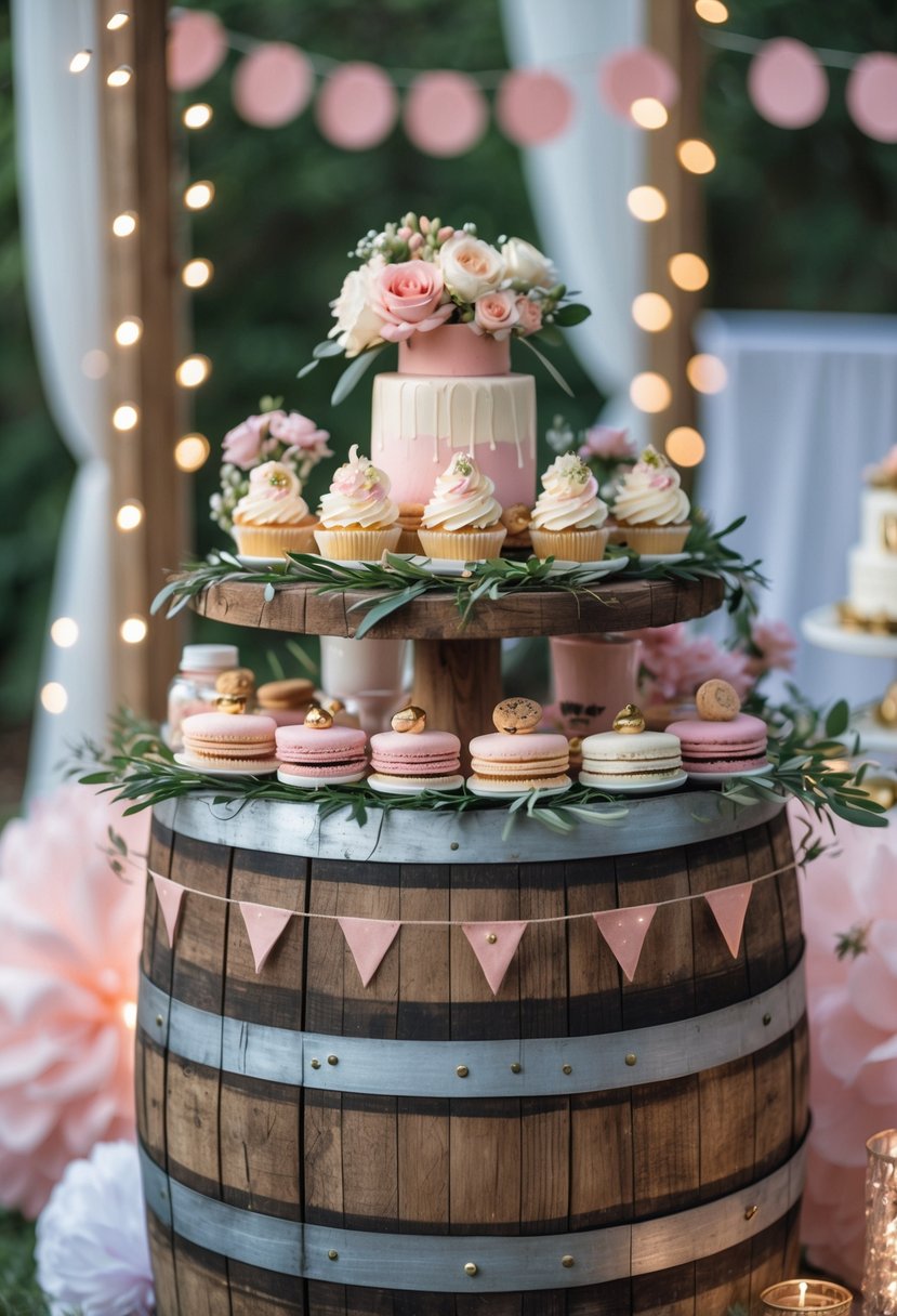 Wooden barrel used as a dessert stand with cupcakes, macarons, flowers, and party decorations in an outdoor setting.