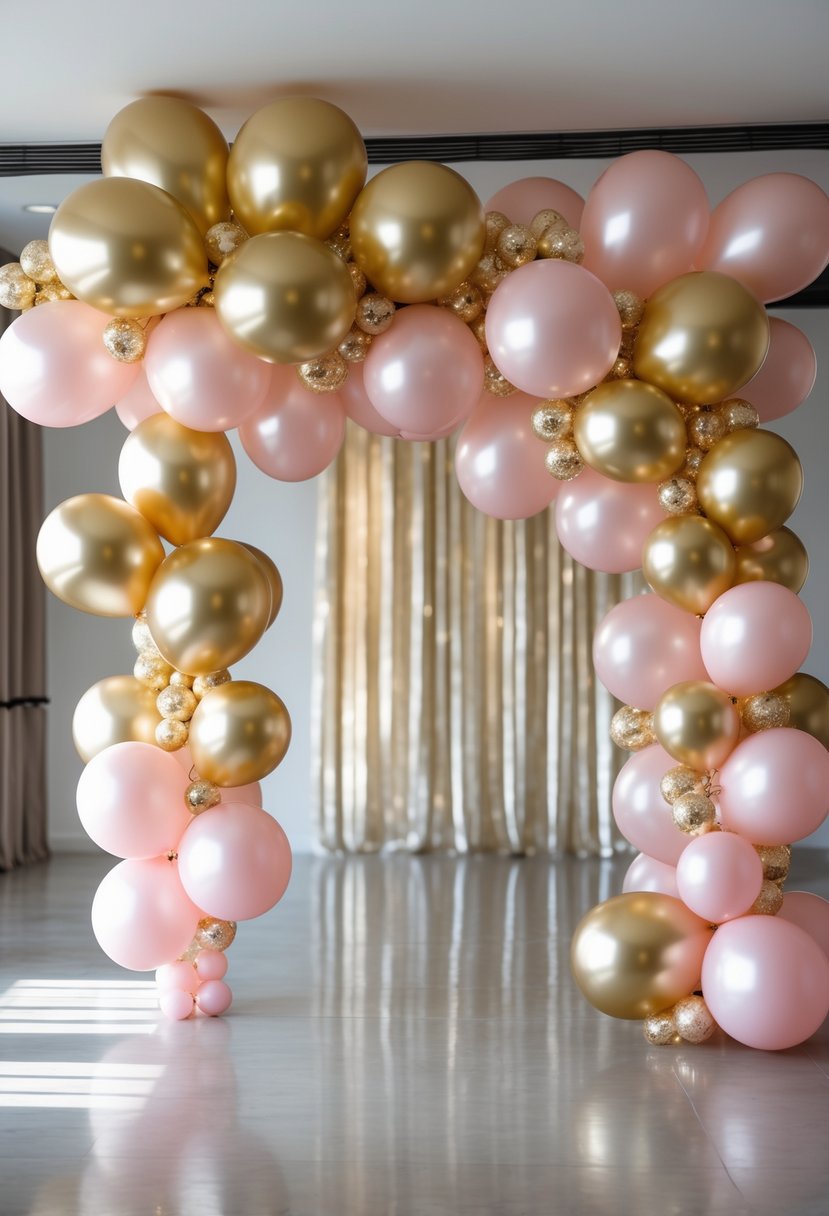 A close-up of gold and blush pink balloon garlands arranged for a festive party setting.