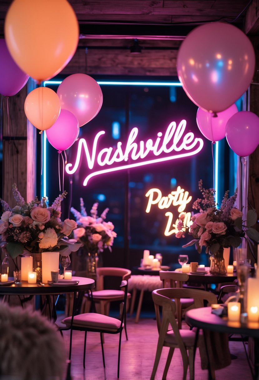 Indoor party scene with glowing neon sign, balloons, flowers, and elegant decorations arranged for a celebration.