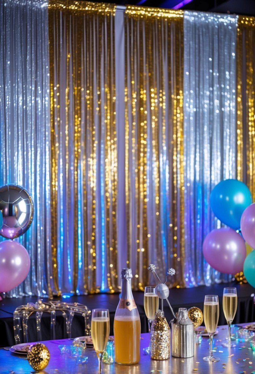 A festive party setup with glittery metallic fringe curtains, balloons, confetti, and elegant table decorations.