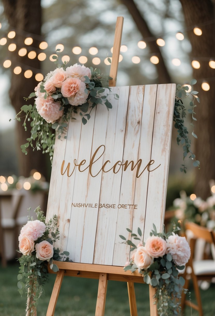 A rustic wooden sign on an easel surrounded by flowers and greenery with soft string lights in the background.