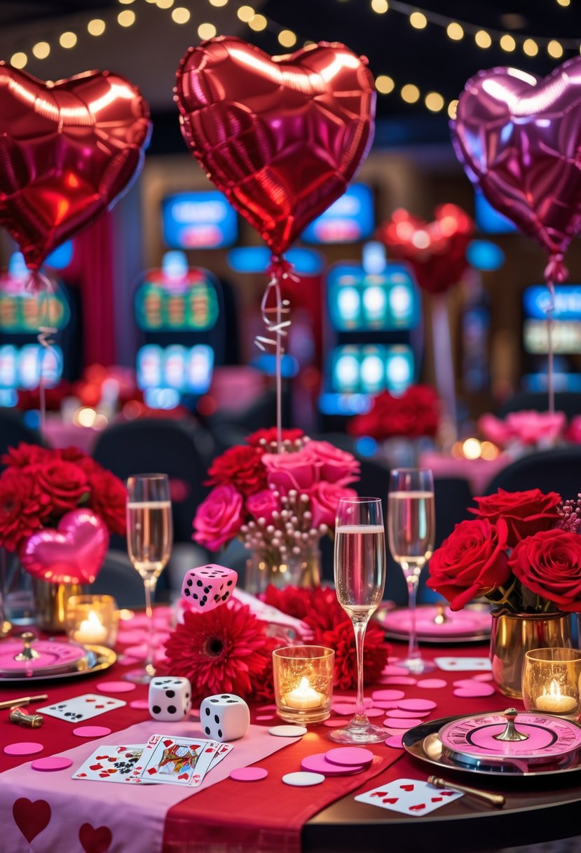 A festive bachelorette party setup with red and pink decorations, poker chips, playing cards, heart-shaped balloons, and champagne glasses on a decorated table.