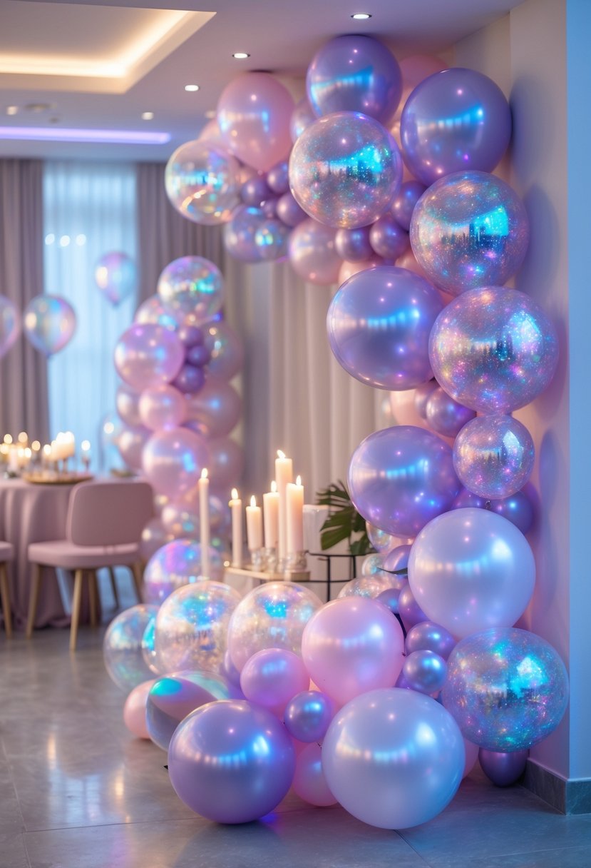Colorful holographic balloon garlands arranged indoors with soft lighting and party decorations.