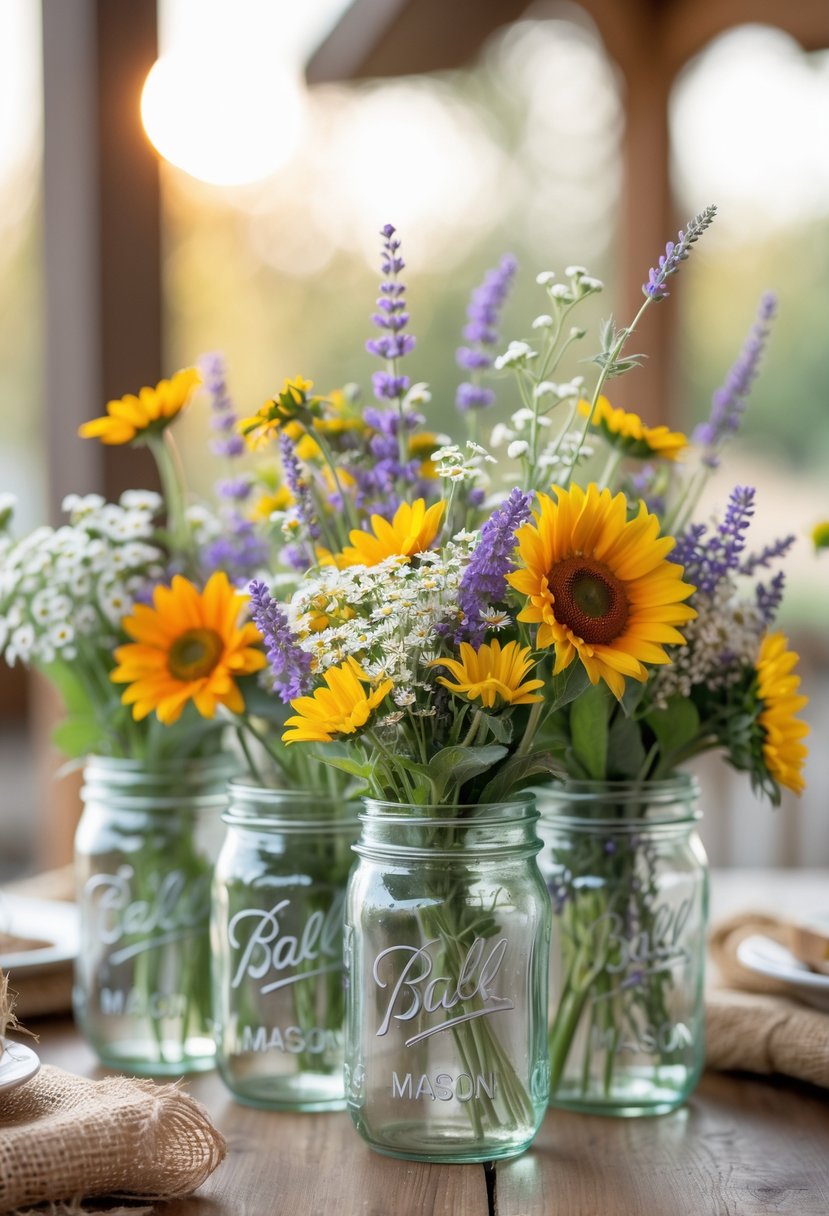 Mason jars filled with colorful wildflowers arranged on a wooden table in a warmly lit setting.