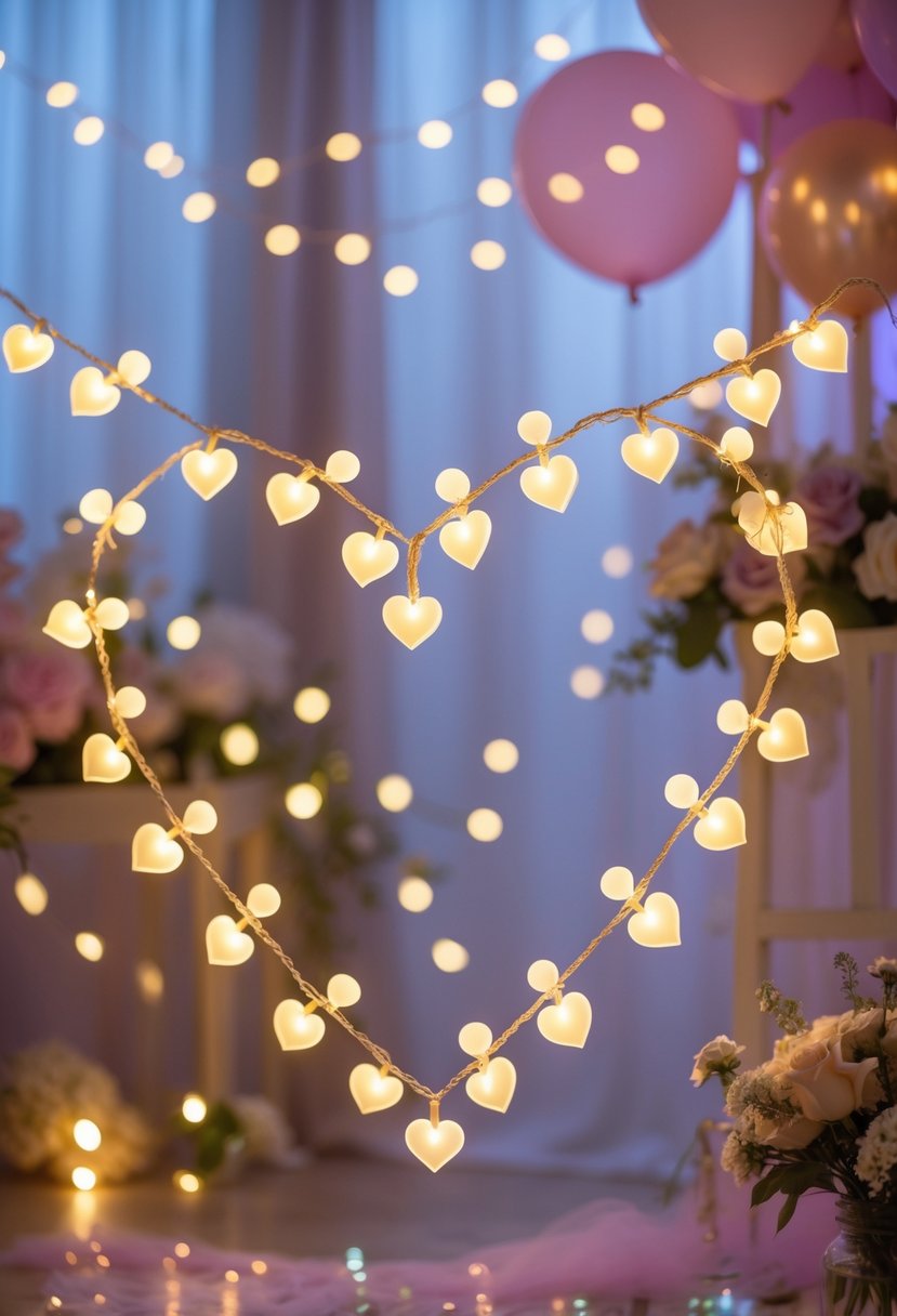 A heart-shaped garland decorated with warm LED lights hanging with balloons and flowers in the background.
