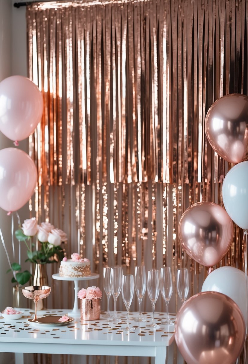 A party scene with a rose gold metallic fringe backdrop, balloons, confetti, and tableware arranged for a celebration.