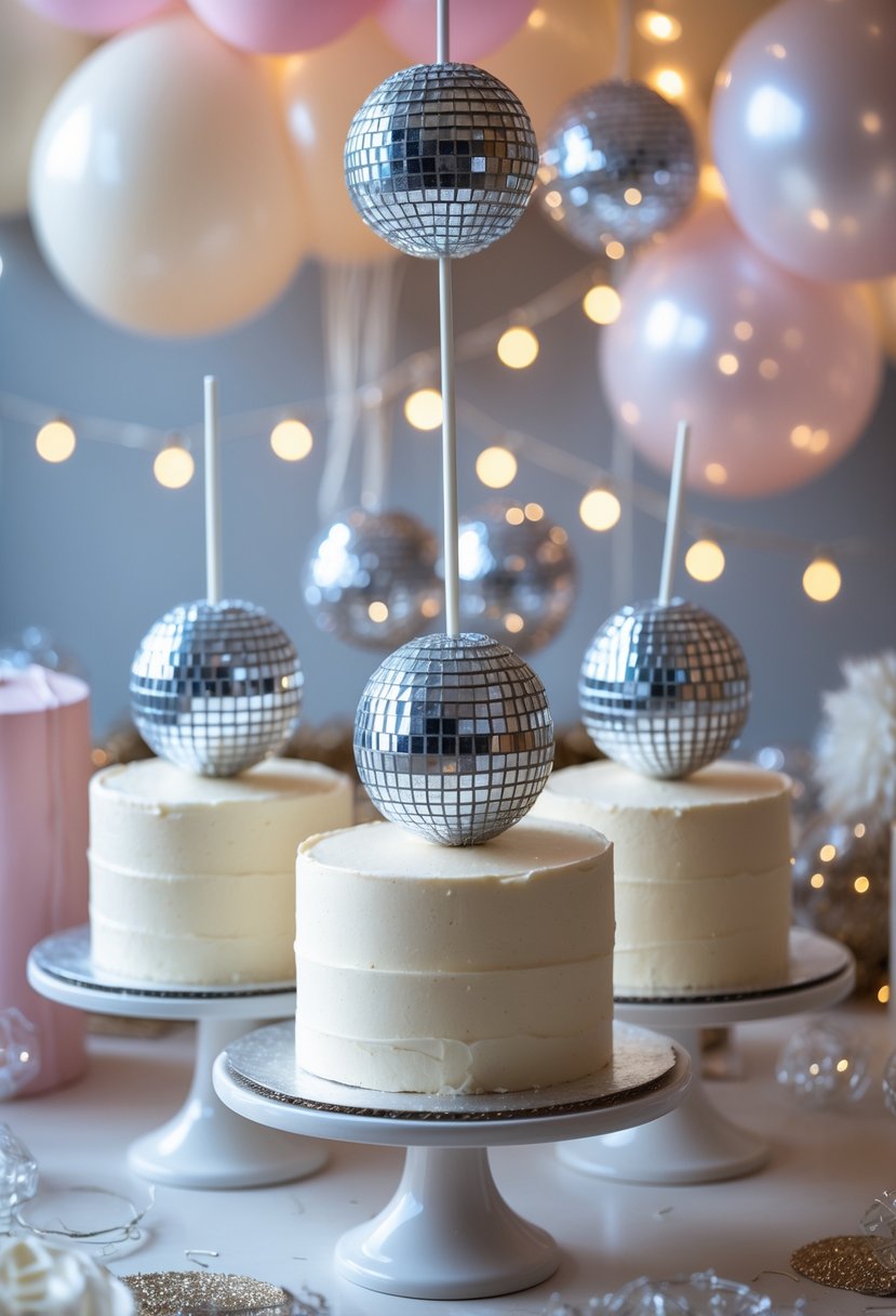 A table displaying white cakes topped with small shiny disco ball decorations surrounded by pastel balloons and glittery party decor.