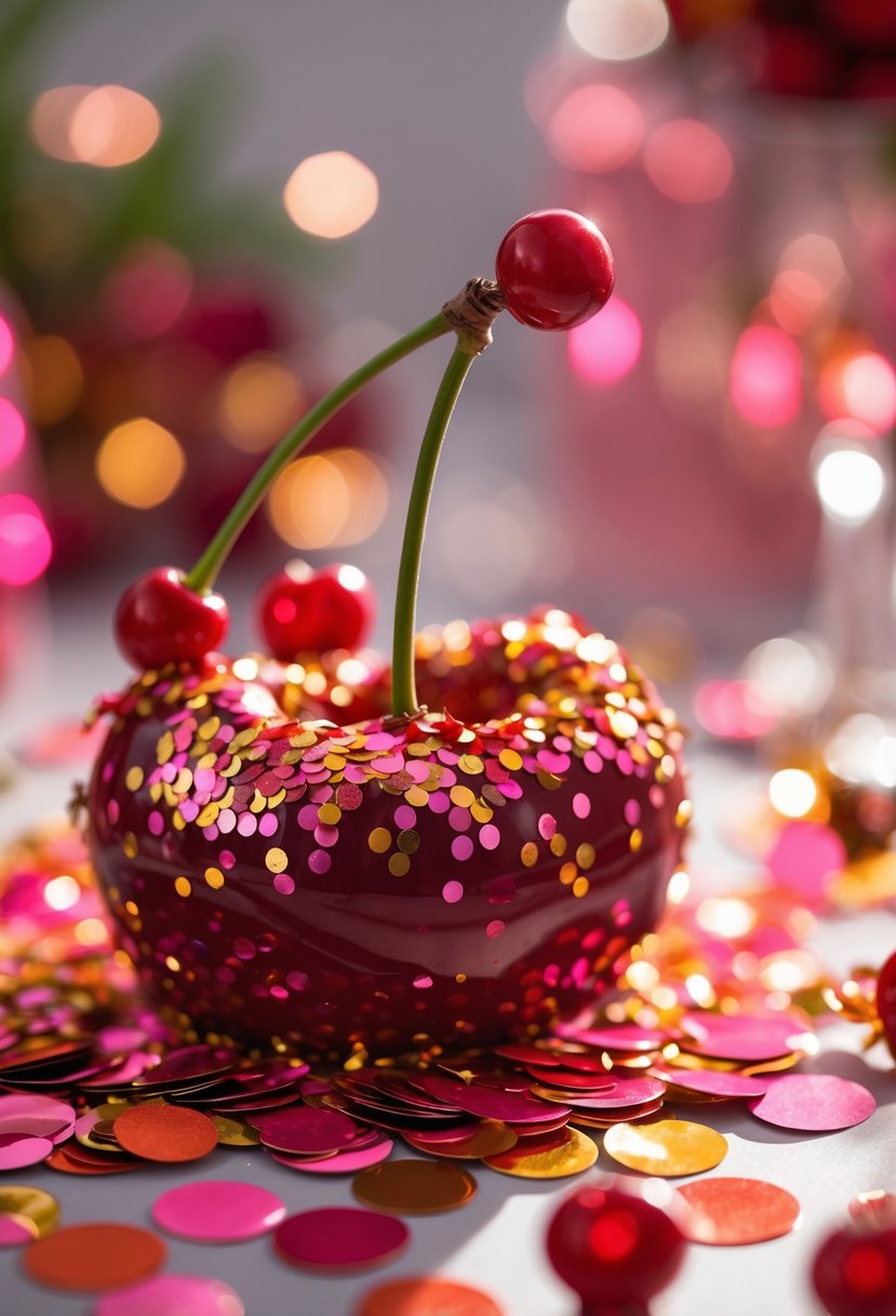Close-up of a cherry-shaped table covered with colorful confetti at a bachelorette party.