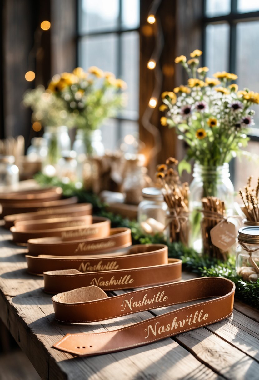 Leather bachelorette sashes displayed on a wooden table with flowers, string lights, and party decorations.