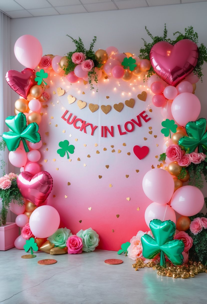 A decorated photo booth backdrop with heart-shaped balloons, shamrocks, fairy lights, and floral arrangements set up for a bachelorette party celebration.