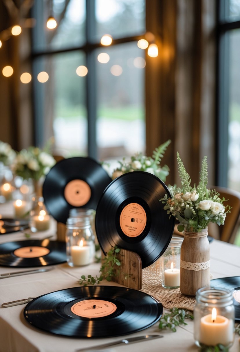 A decorated table with vintage vinyl records used as centerpieces, surrounded by candles and small flower arrangements.