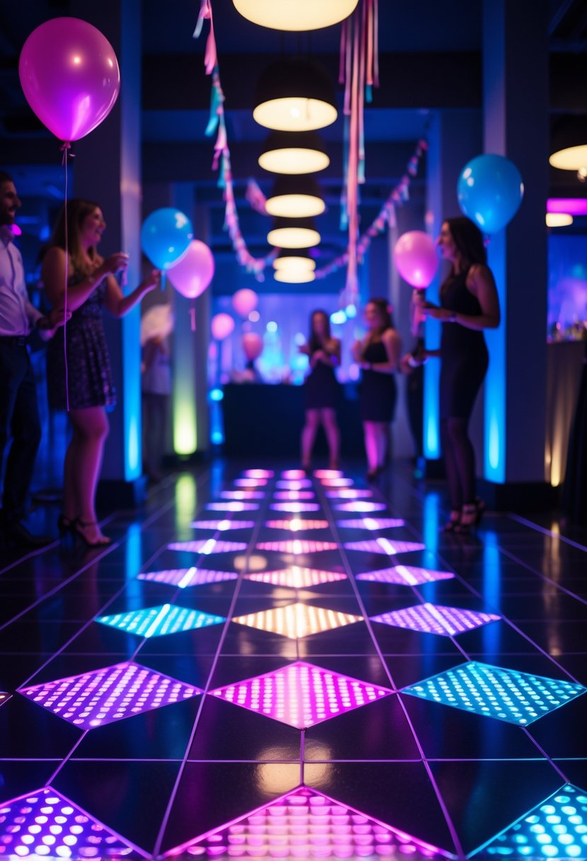 Colorful LED disco floor tiles glowing in various shades of blue, pink, purple, and green in an indoor party setting with festive decorations.
