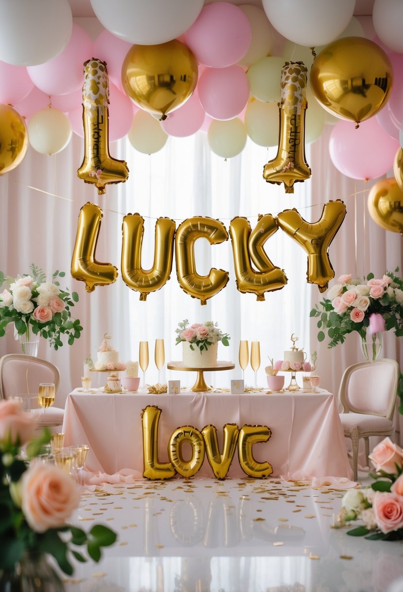 A festive bachelorette party scene with gold foil balloons, floral decorations, confetti, and champagne glasses on a decorated table.