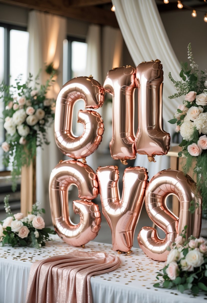 Large rose gold letter balloons surrounded by floral decorations and party decor on a table in an indoor celebration setting.