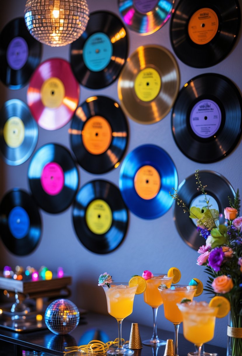 A decorated indoor space with vinyl records on the wall and bachelorette party decorations including disco balls and cocktails.