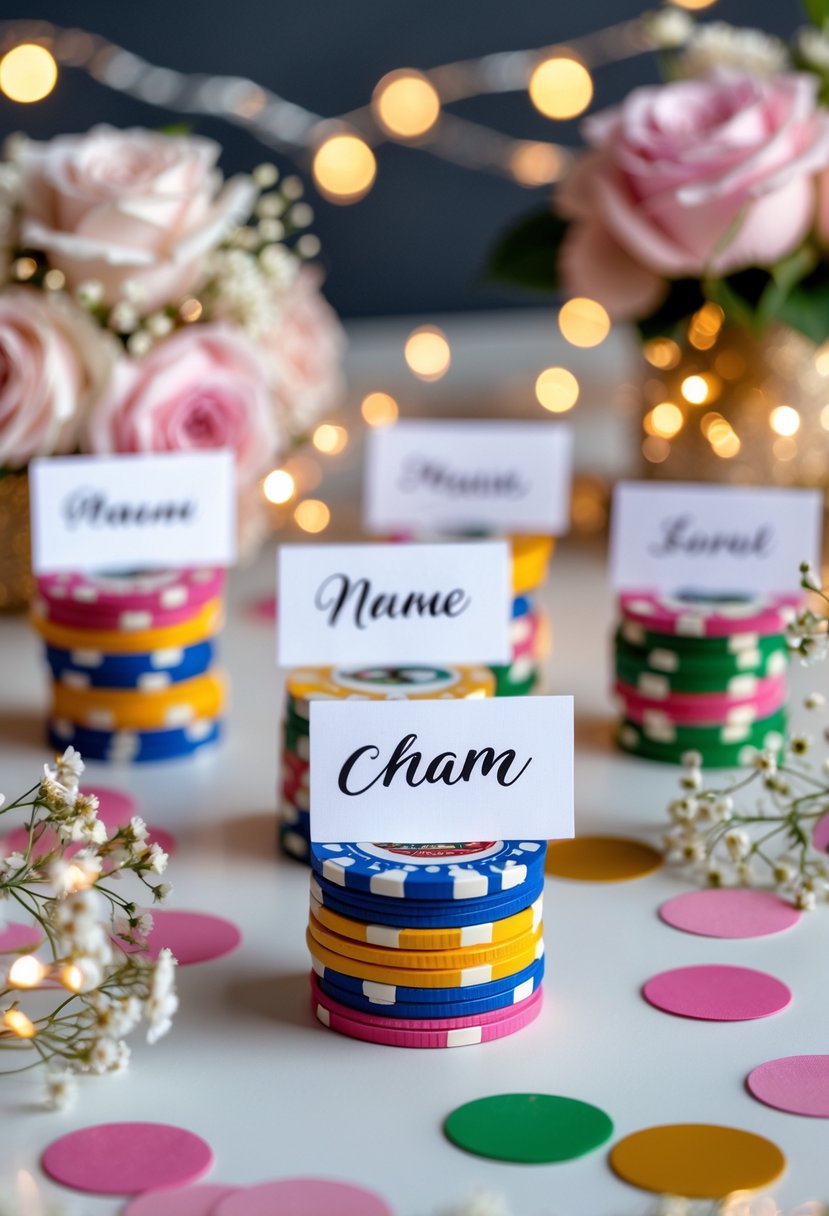 Close-up of poker chips used as place card holders on a decorated bachelorette party table with flowers and confetti.