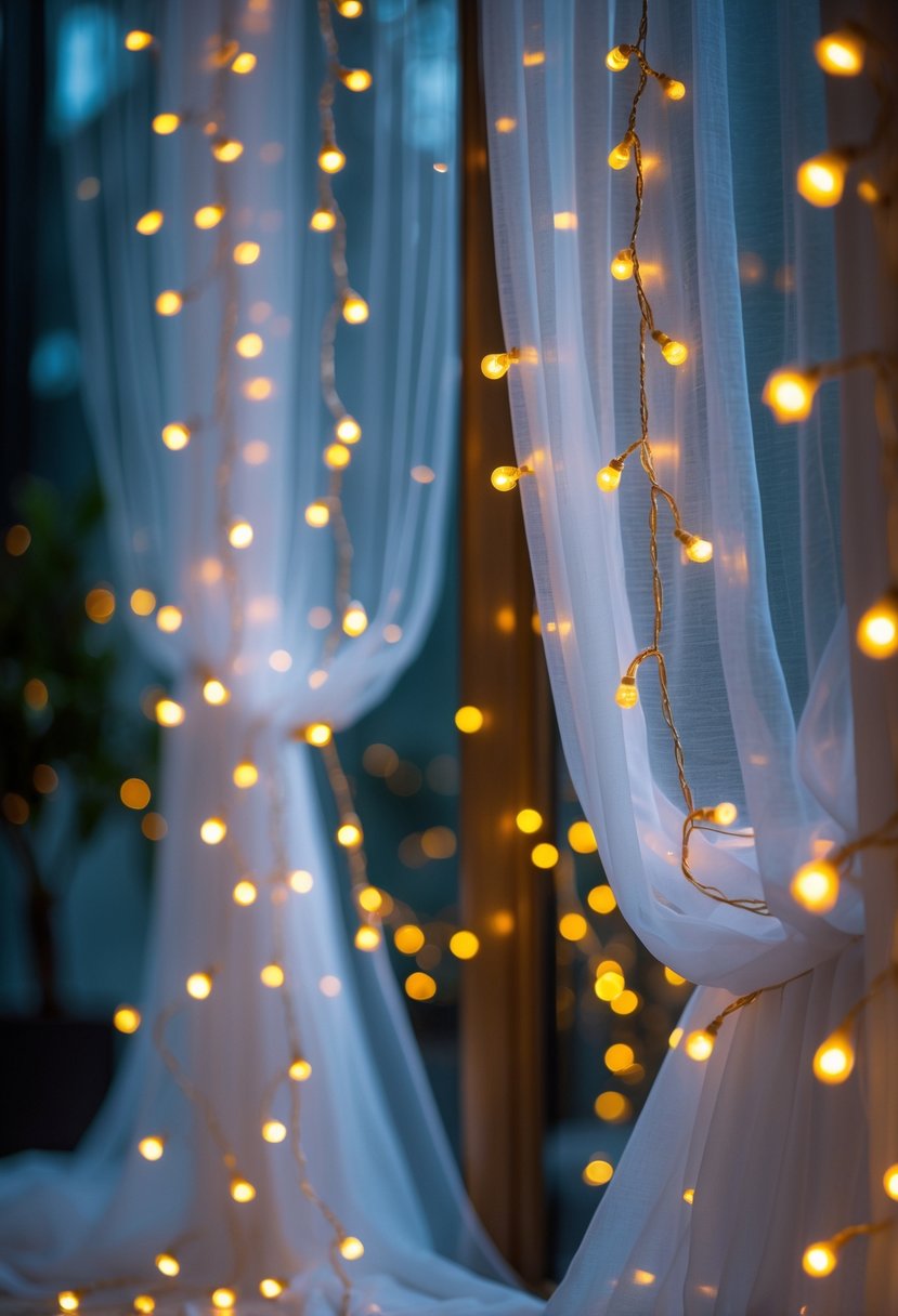 White sheer curtains draped with warm glowing string lights hanging indoors.